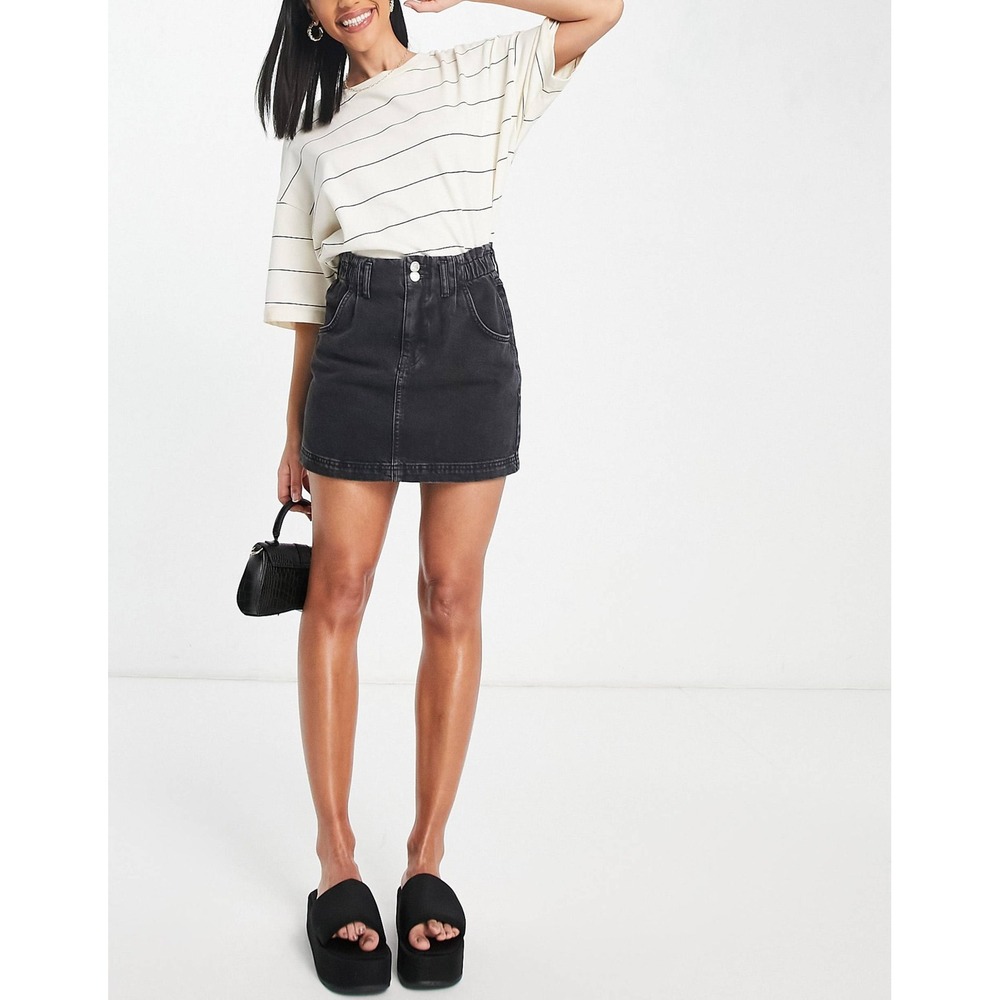 Topshop Washed Black Denim Paperbag Waist Mini Skirt US 8